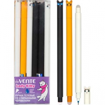 Ручка гелевая deVENTE, d=0,5 мм, Пиши-стирай Lady Kitty, с ластиком, ассорти, СИНЯЯ арт.5051452