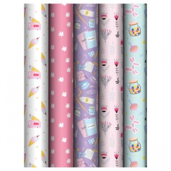 Бумага подарочная 70*100см,  MESHU Stylish в рулонах, 80 г/м2, 1 лист, глянцевая, 5 дизайнов арт.MS_62818