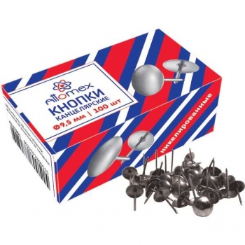 Кнопки канцелярские Attomex, никелированные, 100 шт, 9,5 мм, в карт. кор. арт.4132301