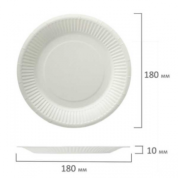 Тарелка бумажная одноразовая 18,0 см, (100 шт./упак), бюджет, мелованная белая, LAIMA арт.608083