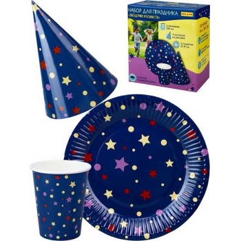 Набор для праздника Звездочки и конфетти (тарелка 6 шт, стаканы 6 шт, колпаки 6 шт) арт.НП-2137