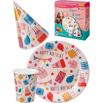 Набор для праздника С днем рождения (тарелка 6 шт, стаканы 6 шт, колпаки 6 шт) арт.НП-2136