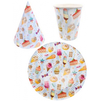 Набор для праздника Сладости (тарелка 6 шт, стаканы 6 шт, колпаки 6 шт) арт.ФЛ-6205