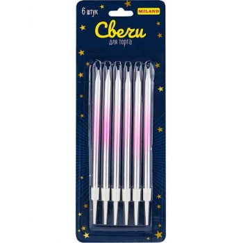 Набор свечей для торта на подставках Miland Волшебство 6шт, 0,4*10,5+3см, розово-серебристые арт.С-2040