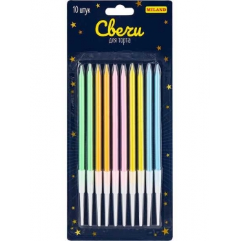 Набор свечей для торта на подставках Miland Волшебство 10шт, 0,4*10,5+4,5см, ассорти арт.с-2044