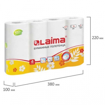 Полотенца бумажные  LAIMA двухслойные, белые, 4 рул. арт.128725