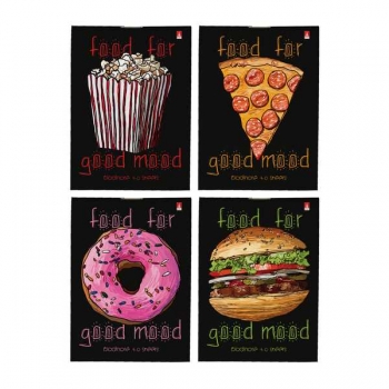 Блокнот А7 40л на скрепке FOOD IN BLACK в клетку, ассорти 4 вида арт.3-40-766