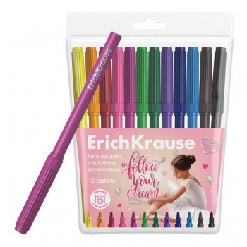Фломастеры ErichKrause Pointes 12 цв., смываемые чернила на водной основе, в футляре с европодвесом арт.61810