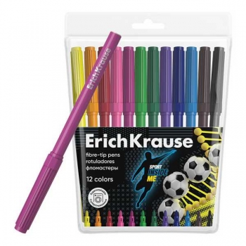 Фломастеры ErichKrause Sport DNA 12 цв., смываемые чернила на водной основе, в футляре с европодвесом арт.61811