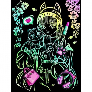 Набор для детского творчества - Гравюра со стикерами с эффектом голографик большая Селфи с котом арт.Гр-775