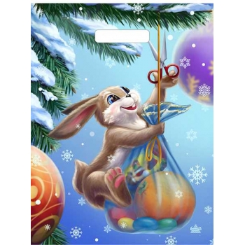 Мешок  новогодний 40х31см ПВД 60мкм глянцевый с вырубной ручкой, Зайка с подарком арт.н00287631 Мешок  новогодний 40х31см ПВД 60мкм глянцевый с вырубной ручкой, Зайка с подарком арт.н00287631