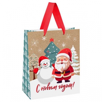 Пакет подарочный НОВОГОДНИЙ 26х32х12см MESHU Happy Santa, крафт арт.MS_66173