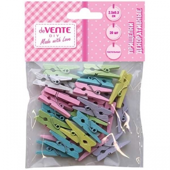 Прищепки декоративные deVENTE DIY Natural Wood 25*3 мм-20 шт., деревянные, пастельные цвета ассорти арт.8120412