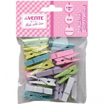 Прищепки декоративные deVENTE DIY Natural Wood 35*7 мм-12 шт., деревянные, пастельные цвета ассорти арт.8120413