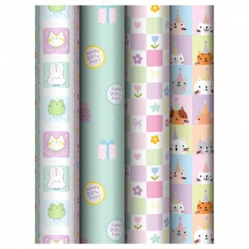 Бумага подарочная 70*100см,  MESHU Cute party в рулонах, 80 г/м2, 1 лист, глянцевая, 4 дизайна арт.MS_66833