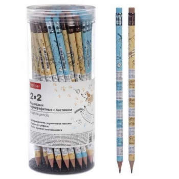 Карандаш Hatber HB ч/гр. с ластиком 2х2, круглый корпус, ассорти арт.BL_092487