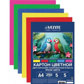 Набор цветного картона А4 5 цв. (5 л.) deVENTE, 250г/м2, ДВУСТОРОННИЙ, яркие цвета арт.8114527