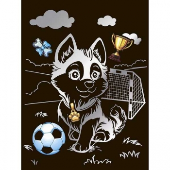 Набор для детского творчества - Гравюра со стикерами с эффектом серебра большая Хаски-футболист арт.Гр-772