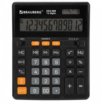 Калькулятор BRAUBERG AAA-888 12  разр., 202х159мм, двойное питание, черный арт.273981