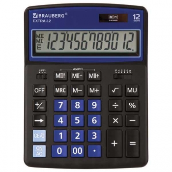 Калькулятор BRAUBERG EXTRA-12-BKBU 12  разр., 206х155мм, двойное питание, черно-синий арт.250472