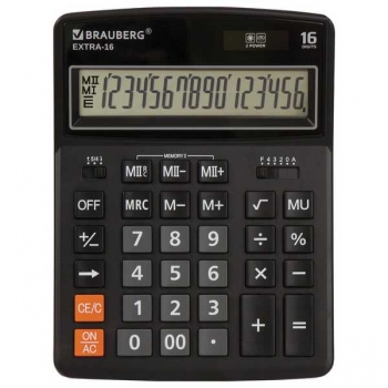 Калькулятор BRAUBERG EXTRA-16-BK 16  разр., 206х155мм, двойное питание, черный арт.250475