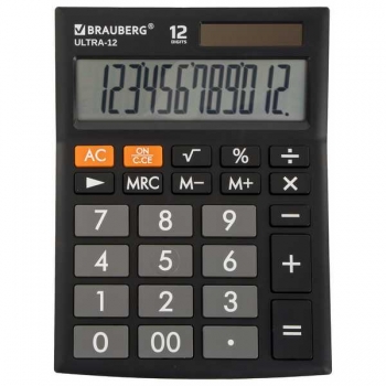 Калькулятор BRAUBERG ULTRA-12-BK 12  разр., 192х143мм, двойное питание, черный арт.250491