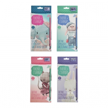 КАРАНДАШИ ЦВЕТНЫЕ ПАСТЕЛЬНЫЕ РИСУЙ и СТИРАЙ (пластиковые с ластиком) С ТОЧИЛКОЙ,  12 ЦВ., 4 ВИДА арт.30-0123