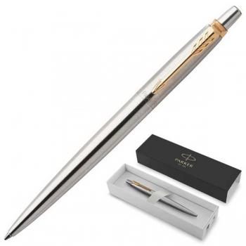 Ручка шариковая PARKER подарочная Jotter Core Stainless Steel GT 0.7мм, синяя, корпус серебро, позолота арт.142376