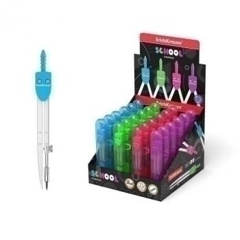 Циркуль ErichKrause School металлический, в прозр. пластик. футляре с подвесом, цвет ассорти арт.31526