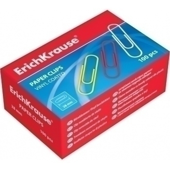 Скрепки ErichKrause цветные (с винил. покрытием) 28мм, 100шт, в карт.коробочке арт.24871