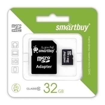Карта памяти micro SDHC (флэш-накопитель) 32Gb Class 10 Smartbuy с адаптером SD арт.SB32GBSDCL10-01