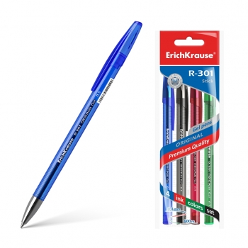 Ручка гелевая ErichKrause® R-301 Original Gel Stick 0.5, цвет чернил: син., чер., крас., зел. (в пак. по 4 шт) арт.45157