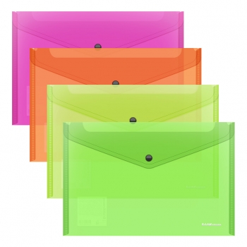 Папка-конверт А4 на кнопке ErichKrause Fizzy Neon, 140мкм, полупрозрачная, ассорти арт.47044
