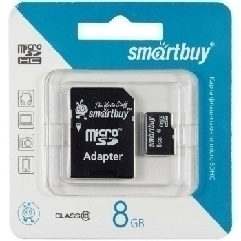 Карта памяти micro SDHC (флэш-накопитель)  8Gb Class 10 Smartbuy с адаптером SD арт.SB8GBSDCL10-01