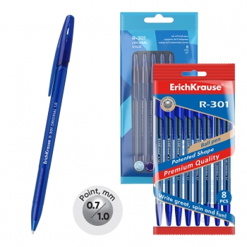 Ручка шариковая ErichKrause® R-301 Original Stick 0.7, цвет чернил синий (в пакете по 8 шт.) арт.56616