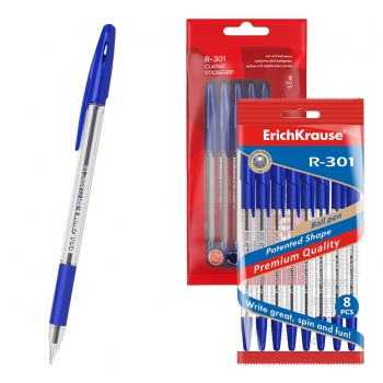 Ручка шариковая ErichKrause® R-301 Classic StickGrip 1.0, цвет чернил синий (в пакете по 8 шт.) арт.56617