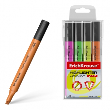 Текстмаркер ErichKrause® Visioline V-17, цвет чернил: желтый, зеленый, розовый, оранжевый (в футляре по 4 шт.) арт.56704