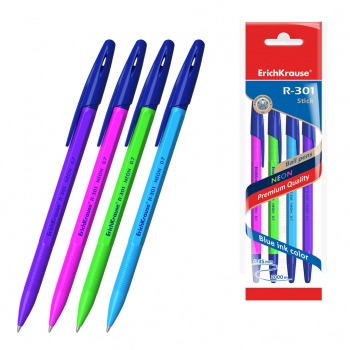 Ручка шариковая ErichKrause® R-301 Neon Stick 0.7, цвет чернил синий (в пакете по 4 шт.) арт.58089