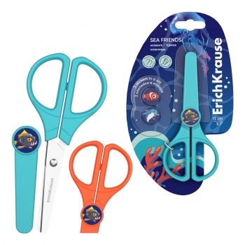 Ножницы ErichKrause Sea Friends Protect, с пластиковым чехлом и наклейками, 13 см, ассорти (в блистере по 1 шт.) арт.608