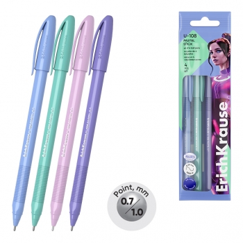 Набор из 4 ручек шариковых ErichKrause U-108 Stick Pastel 0.7, Ultra Glide Technology, цвет чернил синий (в пакете) арт.
