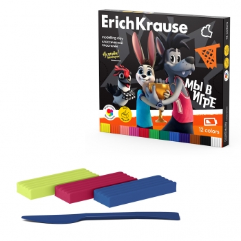 Пластилин классический ErichKrause Ну, Погоди! Каникулы 12 цветов со стеком, 180 г (в коробке 12 шт) арт.62571