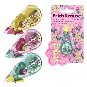 Корректирующая лента ErichKrause Floral Soul с печатью на корпусе, 5мм х 6м, ассорти (в блистере по 1 шт.) арт.62738