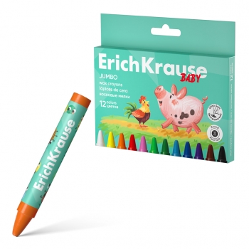 Восковые мелки ErichKrause Baby Jumbo утолщенные круглые, 11 мм, 12 цветов (в коробке с европодвесом 12 шт) арт.62943
