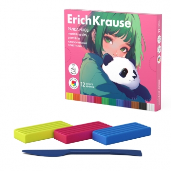 Пластилин классический ErichKrause Panda Hugs 12 цветов со стеком, 180 г (в коробке 12 шт) арт.62976