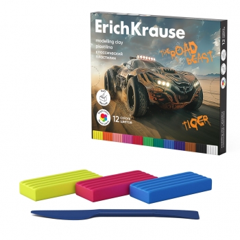 Пластилин классический ErichKrause Road Beast 12 цветов со стеком, 180 г (в коробке 12 шт) арт.62977