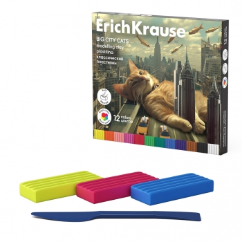 Пластилин классический ErichKrause Big City Cats 12 цветов со стеком, 180 г (в коробке 12 шт) арт.62978