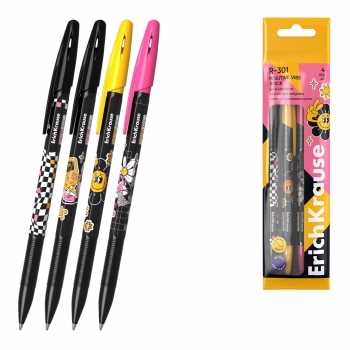 Набор из 4 ручек шариковых ErichKrause R-301 Stick Positive Vibe 0.7, цвет чернил синий (в пакете) арт.63082