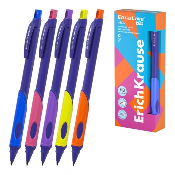 Карандаш механический ErichKrause ErgoLine® Kids Neon 2.0 мм, с точилкой, НВ (в коробке по 12 шт.) арт.63332