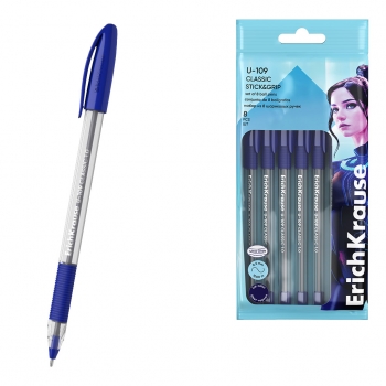 Набор из 8 ручек шариковых ErichKrause U-109 StickGrip Classic 1.0, Ultra Glide Technology, цвет чернил синий (в пакете