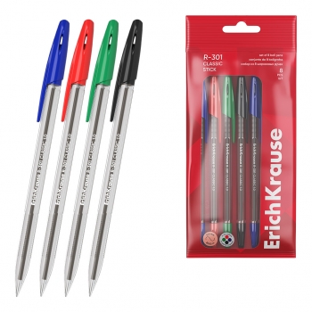Набор из 8 ручек шариковых ErichKrause R-301 Stick Classic 1.0, цвет чернил: синий - 2, черный - 2, красный - 2, зеленый